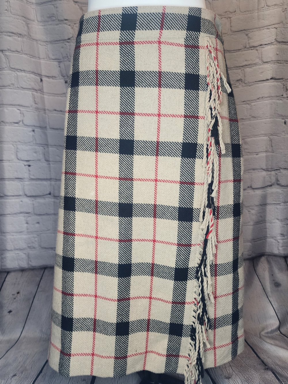 Talbots Cream Navy & Pink Plaid Midi Wrap Skirt